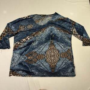 Valentina Women's Denim & Leopard Mixed Print Rhinestone V-Neck Top